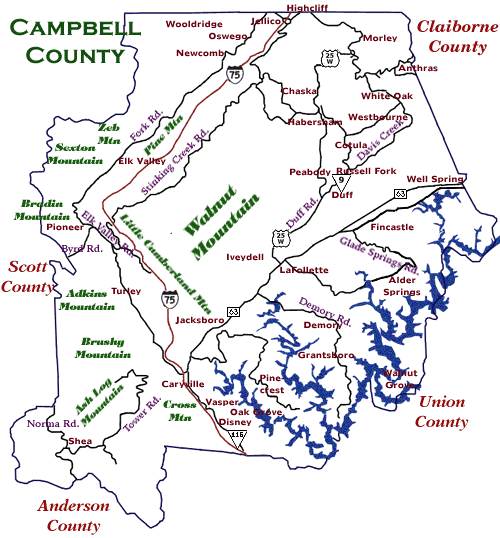 Map of Campbell County, Tennessee