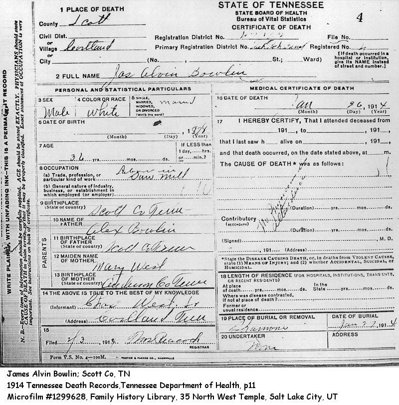 Scott Co, TN B Death Records