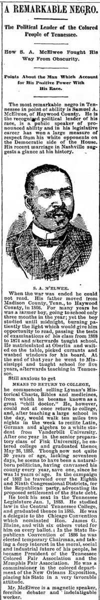 Samuel A. McElwee biographical information from newspaper clipping in 1888