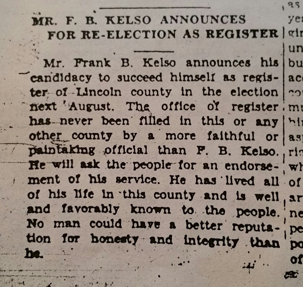 KelsoFrankB_ReRun for Register Deeds_LincolnCountyNews_1930-01-09