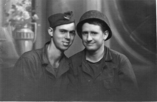 This picture was taken about 1944 in Germany.  Both men fought in the Battle of the Bulge, Bastogne.    
  Submitted 21 July 2004 by David Webb, son of Edward Ernest  Webb