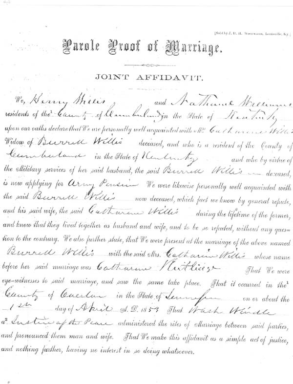 Affidavit of Marriage of Burrell Willis & Catherine Rutledge in Overton County (page 1)