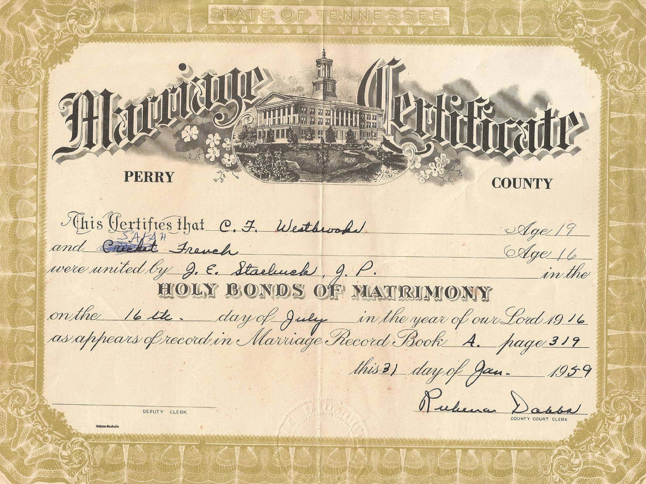 Westbrooks Marriage License – Perry County, TNGenWeb