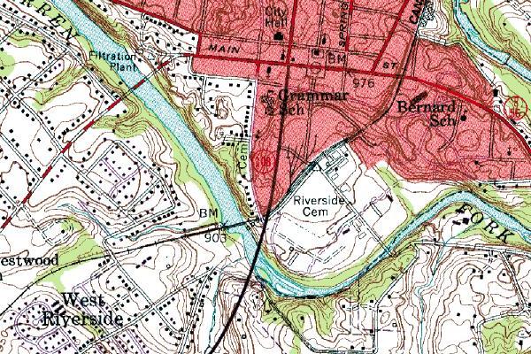 Topo Map showing location of Riverside and Old City cemeteries